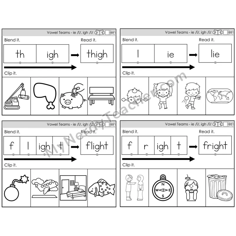 Vowel Teams ie, igh /i/ — BW (C5 — Clip It)