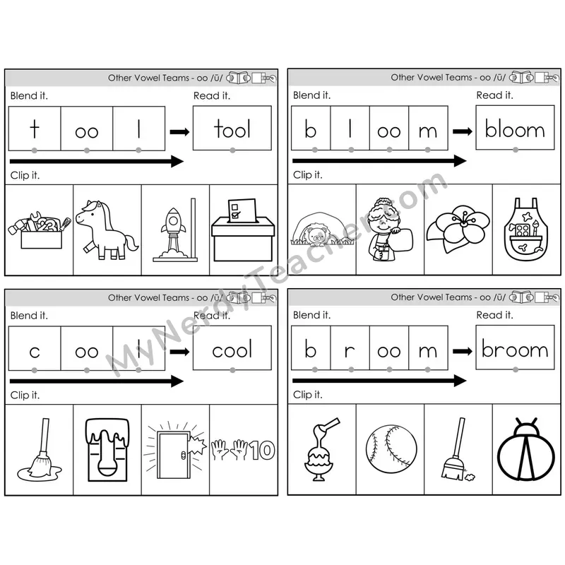 Vowel Teams oo /oo/ (moon) — BW (C5 — Clip It)
