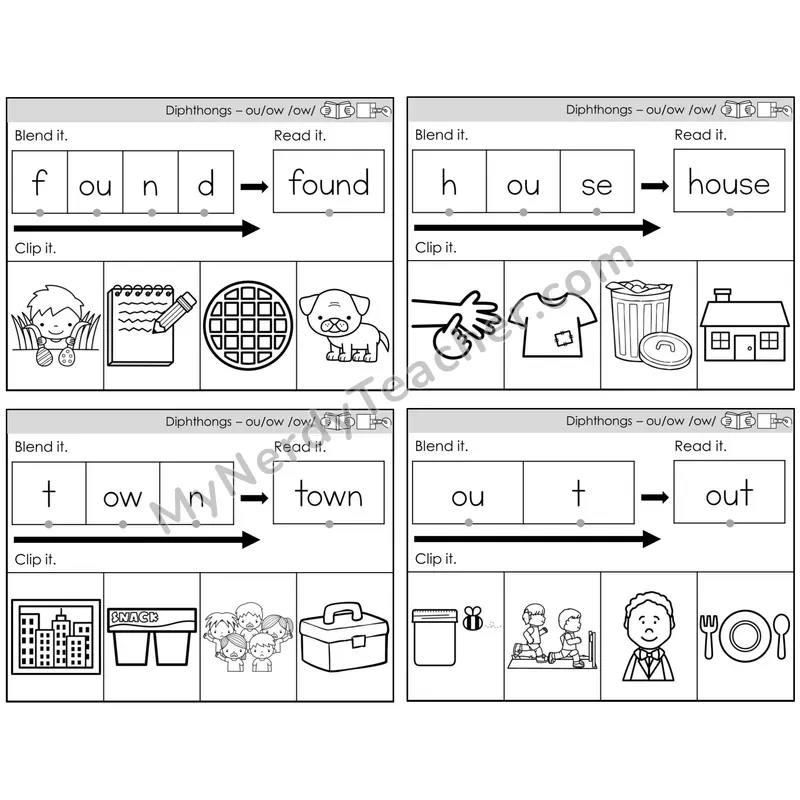 Diphthongs ou, ow /ow/ — BW (C5 — Clip It)