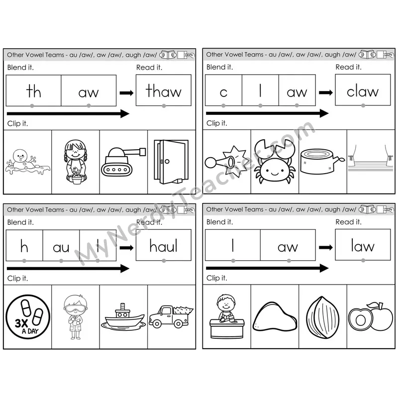 Vowel Teams au, aw, augh /aw/ — BW (C5 — Clip It)