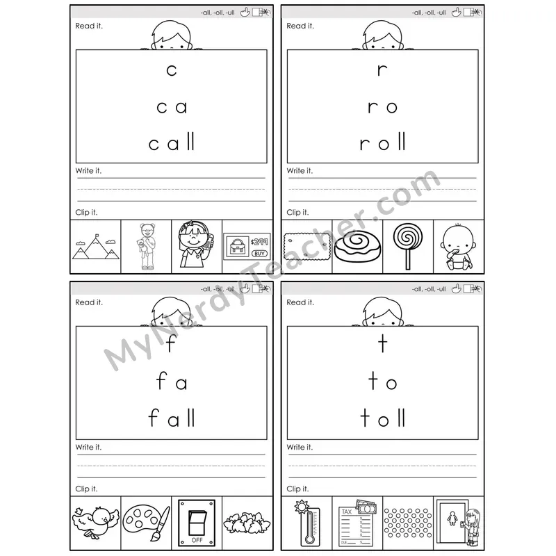 -all, -oll, -ull Word Families — BW (C6 — Word Pyramids)