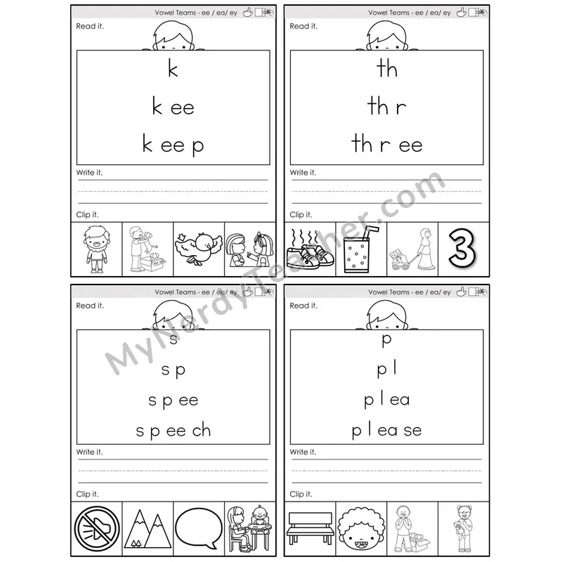 Vowel Teams ee, ea, ey /e/ — BW (C6 — Word Pyramids)