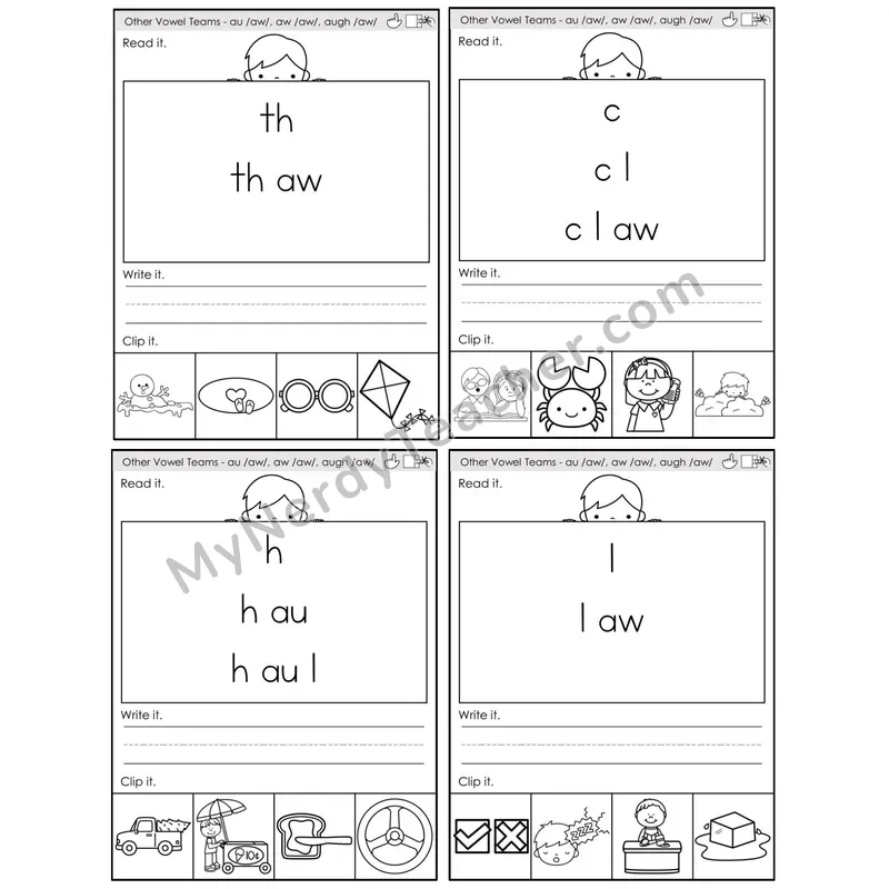 Vowel Teams au, aw, augh /aw/ — BW (C6 — Word Pyramids)