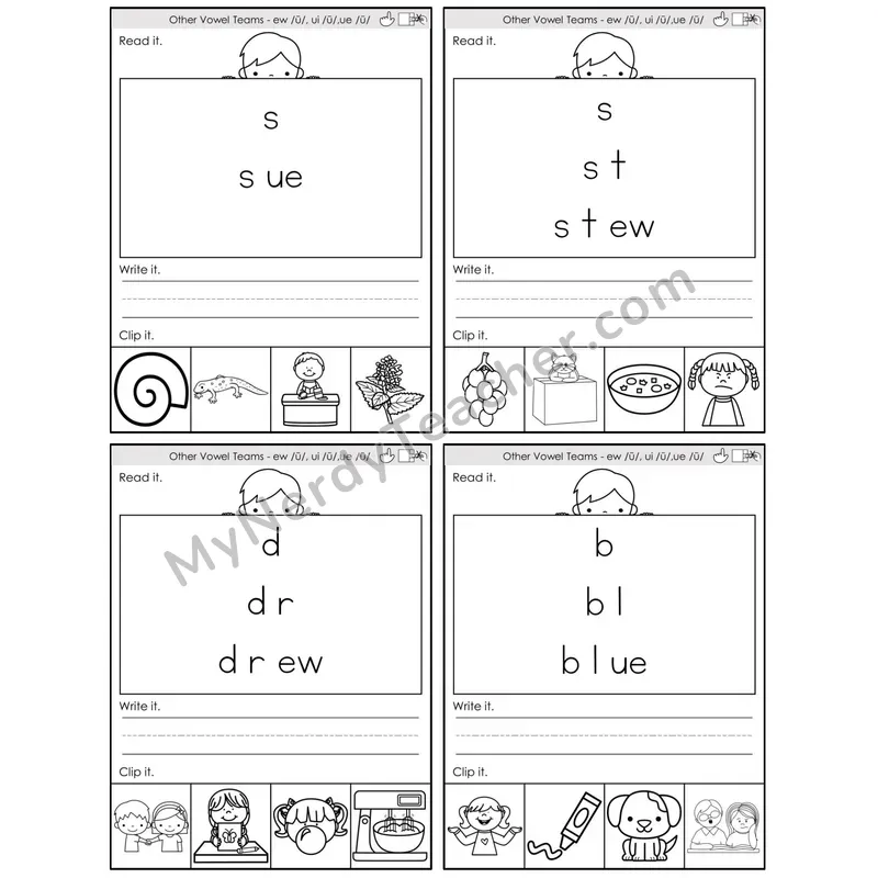 Vowel Teams ew, ui, ue /u/ — BW (C6 — Word Pyramids)
