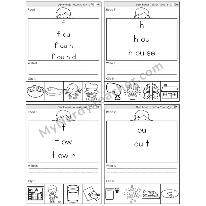 Diphthongs ou, ow /ow/ — BW (C6 — Word Pyramids)