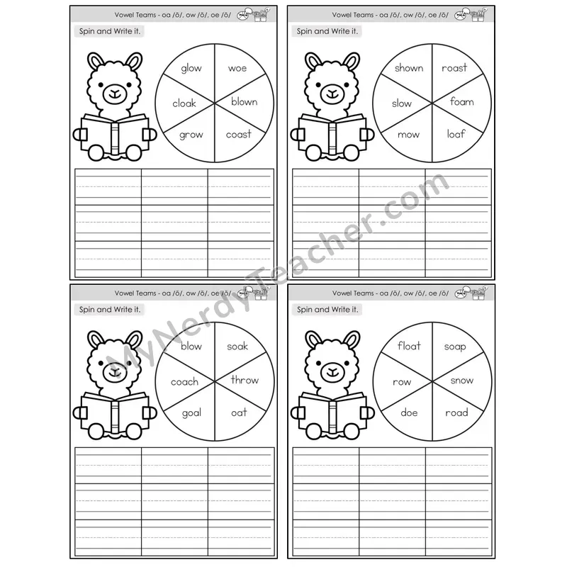 Vowel Teams oa, ow, oe /o/ — BW (C7 — Spin and Read)