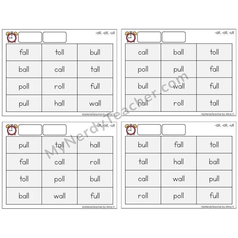 -all, -oll, -ull Word Families (C9 — Fluency Drills)