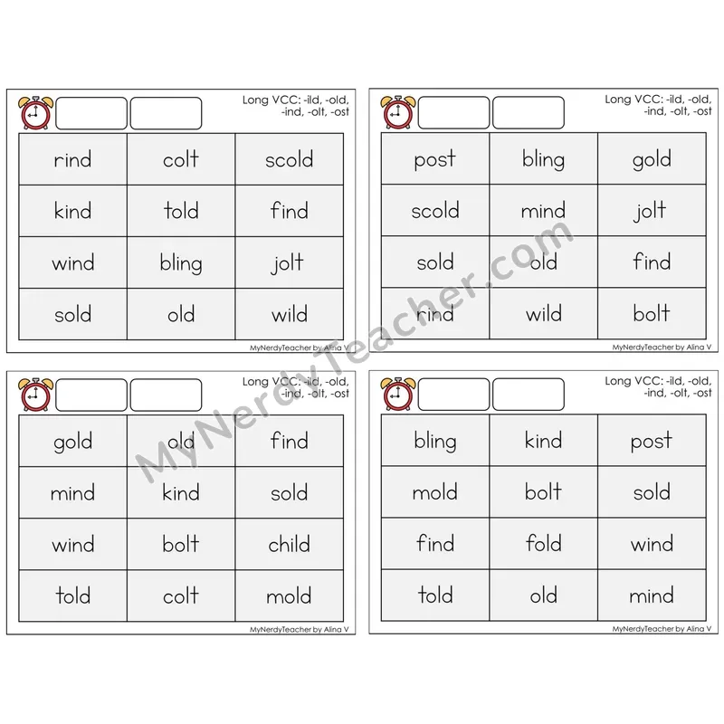 Long VCC (-ild, -old, -ind, -olt, -ost) (C9 — Fluency Drills)