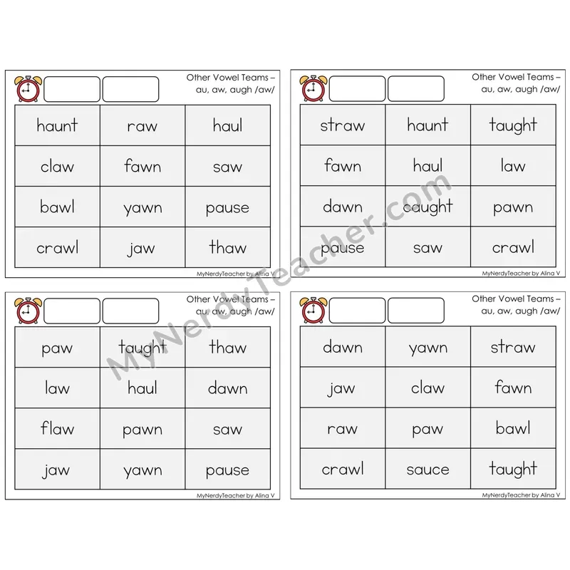 Vowel Teams au, aw, augh /aw/ (C9 — Fluency Drills)