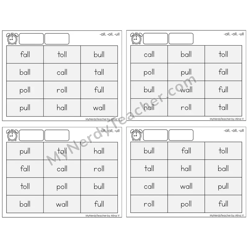 -all, -oll, -ull Word Families — BW (C9 — Fluency Drills)