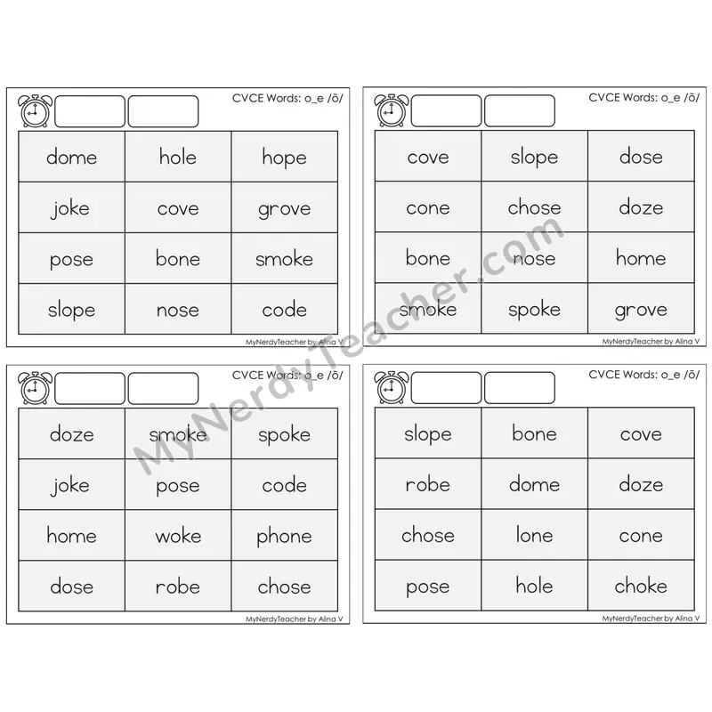 Long O Silent E (o_e) — BW (C9 — Fluency Drills)