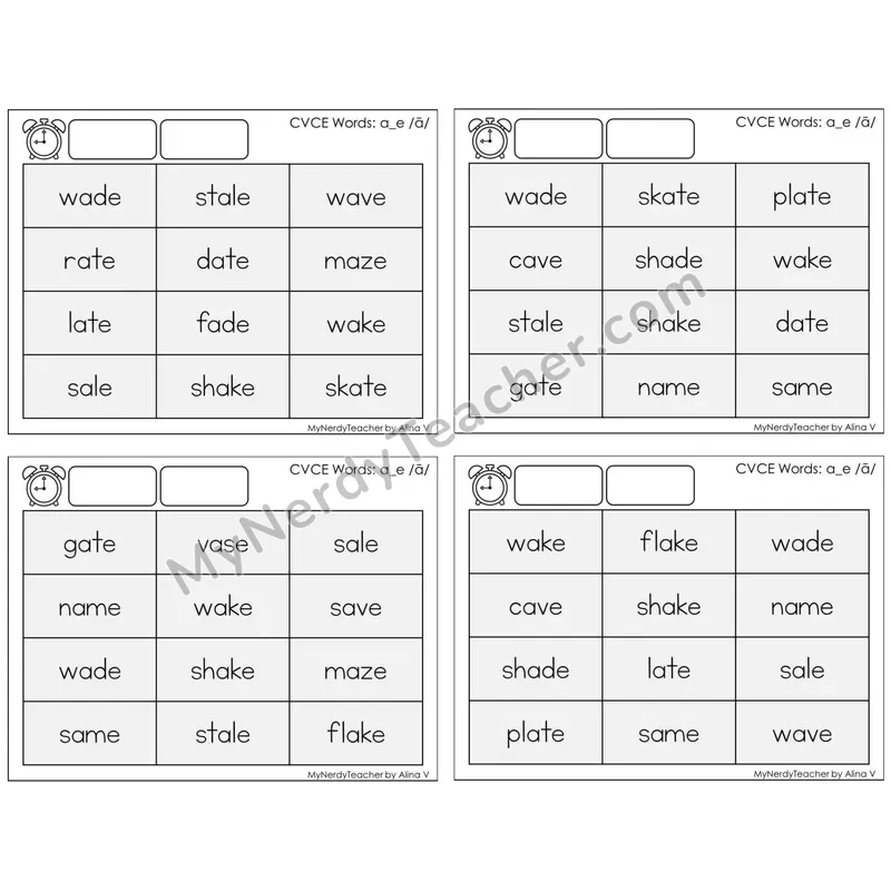 Long A Silent E (a_e) — BW (C9 — Fluency Drills)