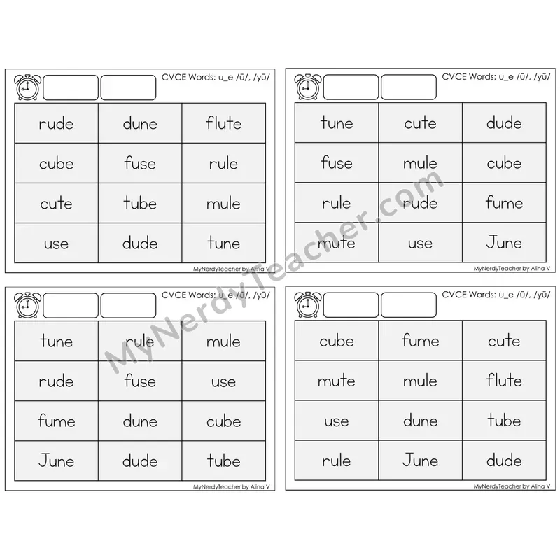 Long U Silent E (u_e) — BW (C9 — Fluency Drills)