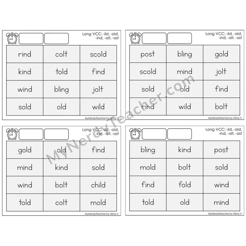 Long VCC (-ild, -old, -ind, -olt, -ost) — BW (C9 — Fluency Drills)