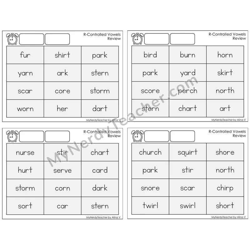 R-Controlled Vowels Review — BW (C9 — Fluency Drills)
