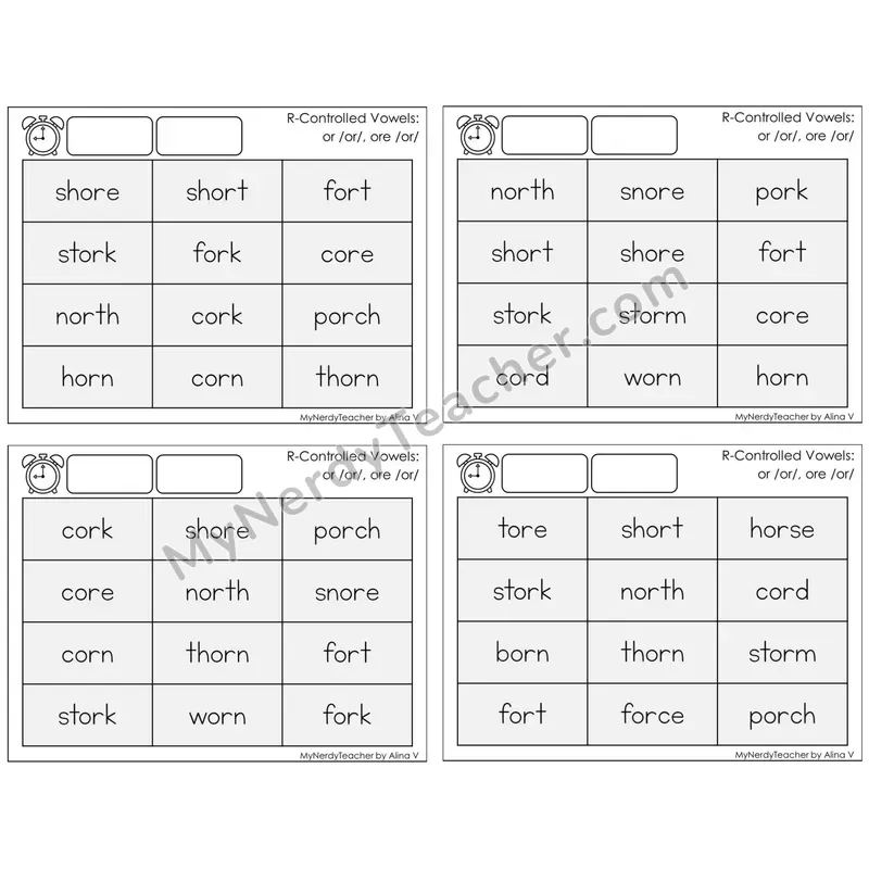 R-Controlled or, ore /or/ — BW (C9 — Fluency Drills)
