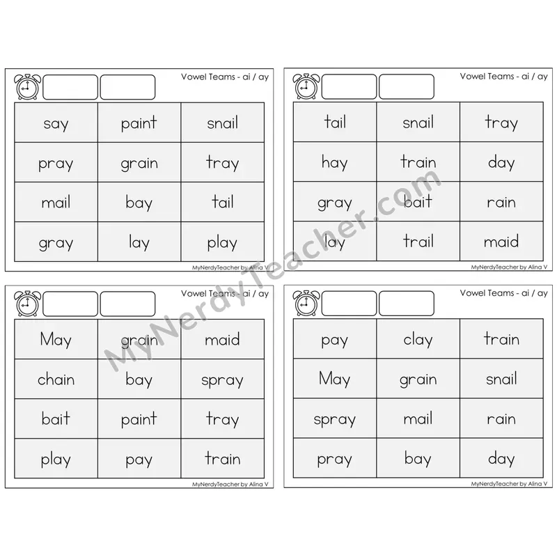 Vowel Teams ai, ay /a/ — BW (C9 — Fluency Drills)