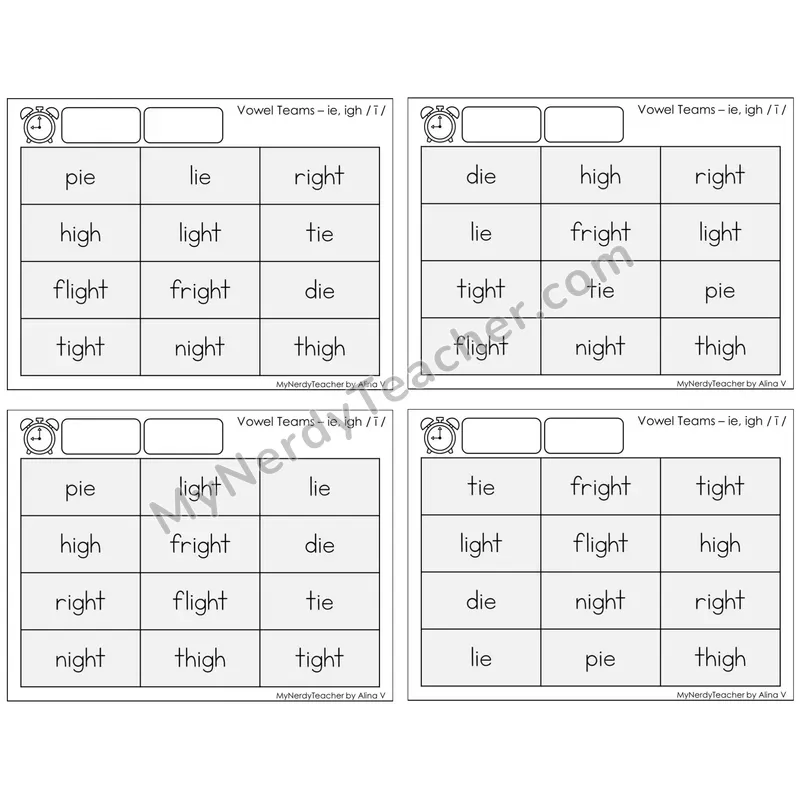 Vowel Teams ie, igh /i/ — BW (C9 — Fluency Drills)