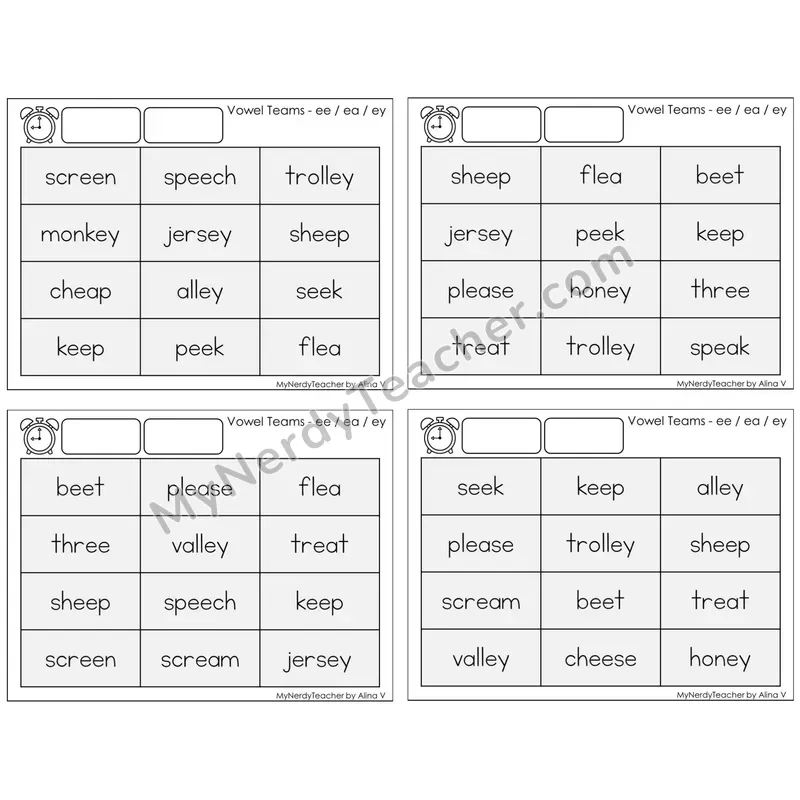 Vowel Teams ee, ea, ey /e/ — BW (C9 — Fluency Drills)
