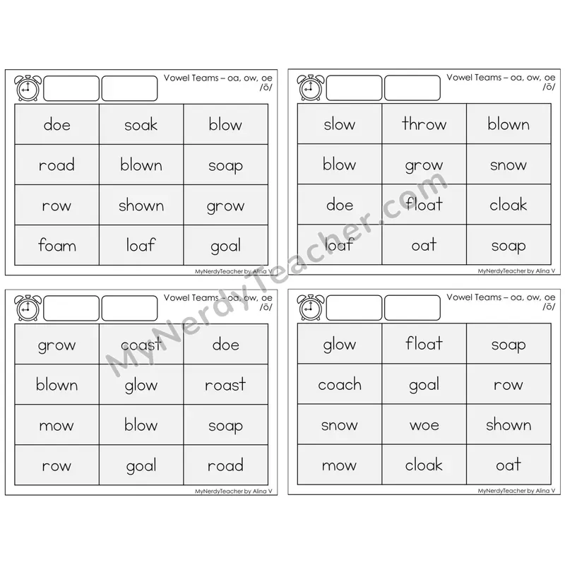 Vowel Teams oa, ow, oe /o/ — BW (C9 — Fluency Drills)