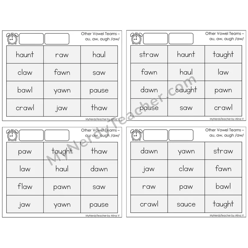 Vowel Teams au, aw, augh /aw/ — BW (C9 — Fluency Drills)