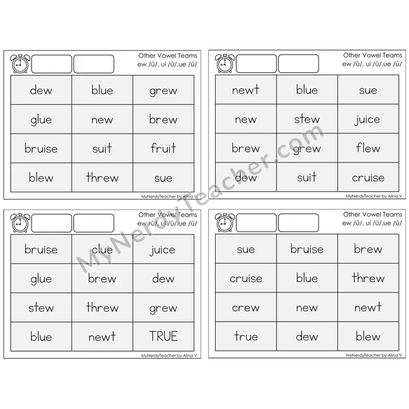 Vowel Teams ew, ui, ue /u/ — BW (C9 — Fluency Drills)