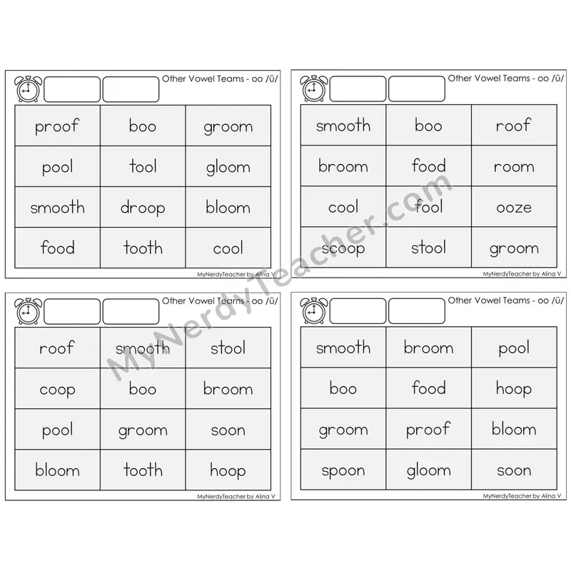 Vowel Teams oo /oo/ (moon) — BW (C9 — Fluency Drills)