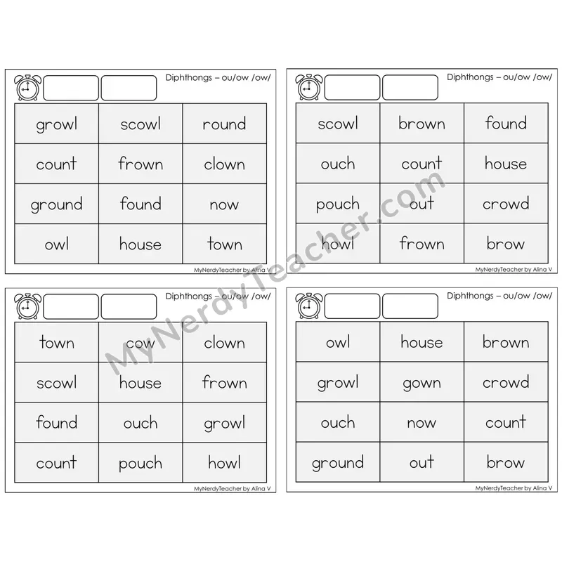 Diphthongs ou, ow /ow/ — BW (C9 — Fluency Drills)