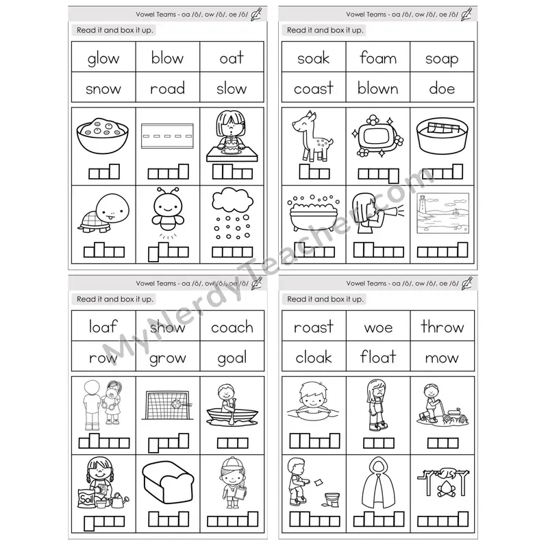 Vowel Teams oa, ow, oe /o/ — BW (C10 — Read and Box It Up)
