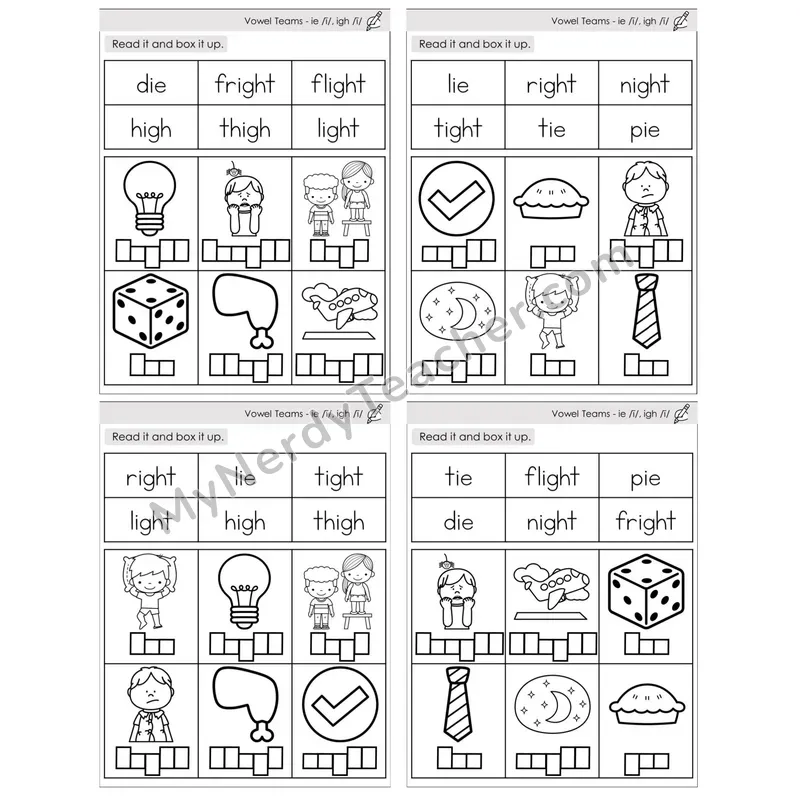 Vowel Teams ie, igh /i/ — BW (C10 — Read and Box It Up)