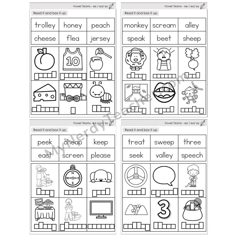 Vowel Teams ee, ea, ey /e/ — BW (C10 — Read and Box It Up)
