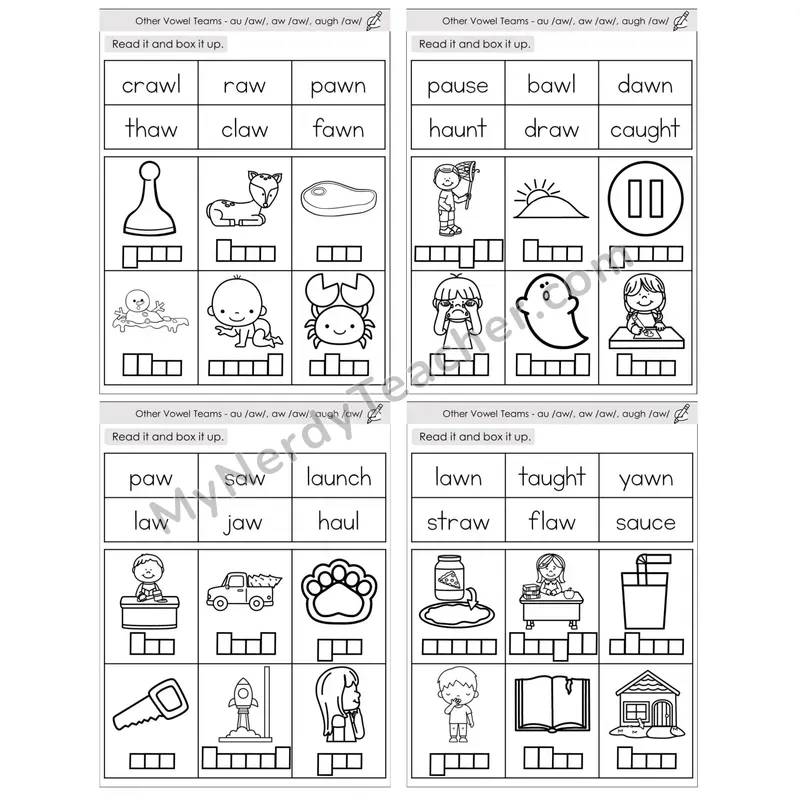 Vowel Teams au, aw, augh /aw/ — BW (C10 — Read and Box It Up)
