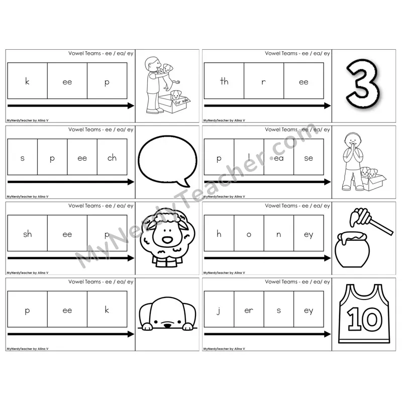 Vowel Teams ee, ea, ey /e/ — BW (C11 — Graph It Puzzles)
