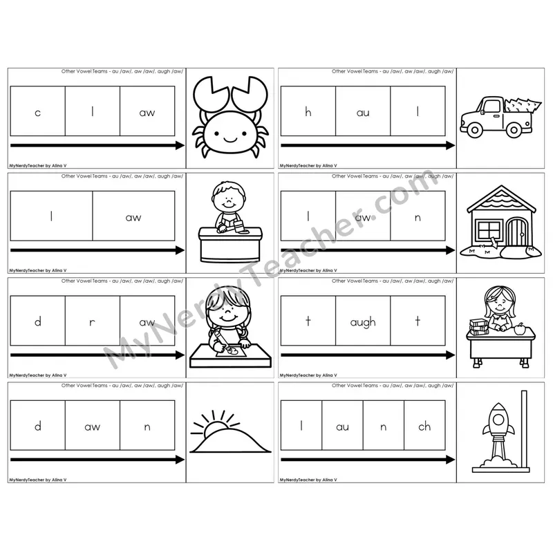 Vowel Teams au, aw, augh /aw/ — BW (C11 — Graph It Puzzles)