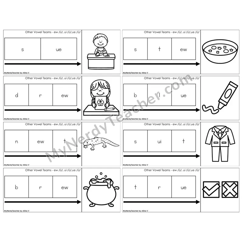 Vowel Teams ew, ui, ue /u/ — BW (C11 — Graph It Puzzles)
