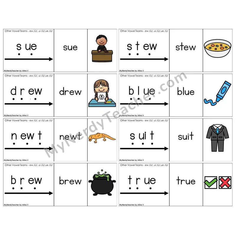 Vowel Teams ew, ui, ue /u/ (C13 — Blend It Puzzles)