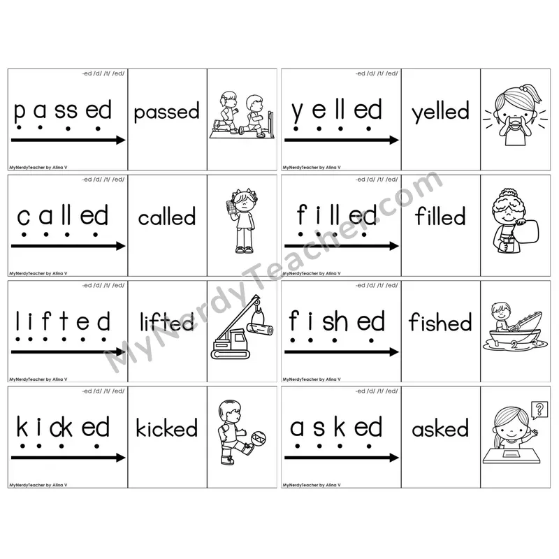 Inflectional Ending -ed (/d/, /t/, /ed/) — BW (C13 — Blend It Puzzles)