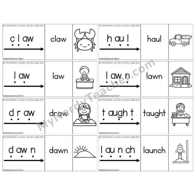 Vowel Teams au, aw, augh /aw/ — BW (C13 — Blend It Puzzles)