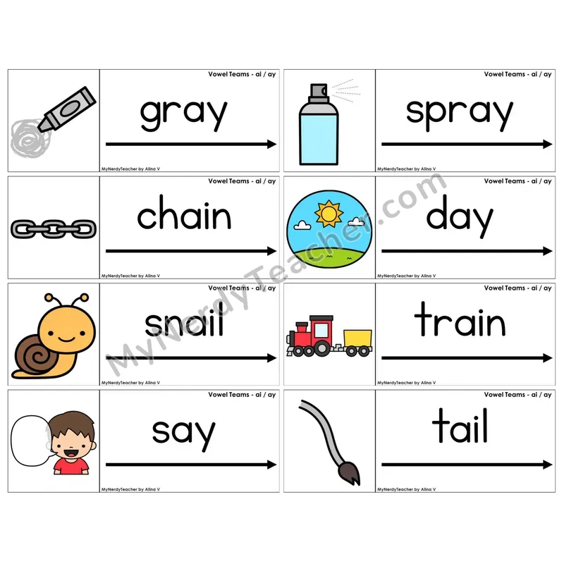 Vowel Teams ai, ay /a/ (C14 — Blending Cards)
