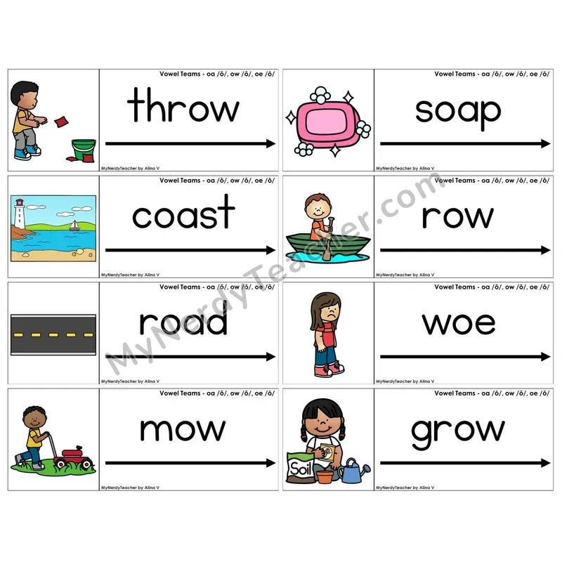 Vowel Teams oa, ow, oe /o/ (C14 — Blending Cards)