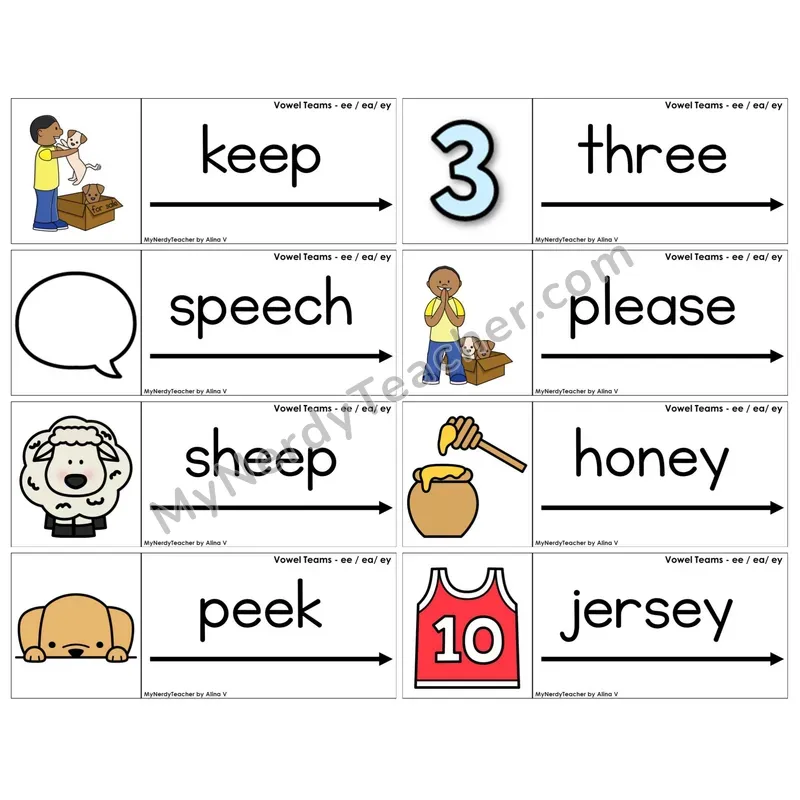 Vowel Teams ee, ea, ey /e/ (C14 — Blending Cards)