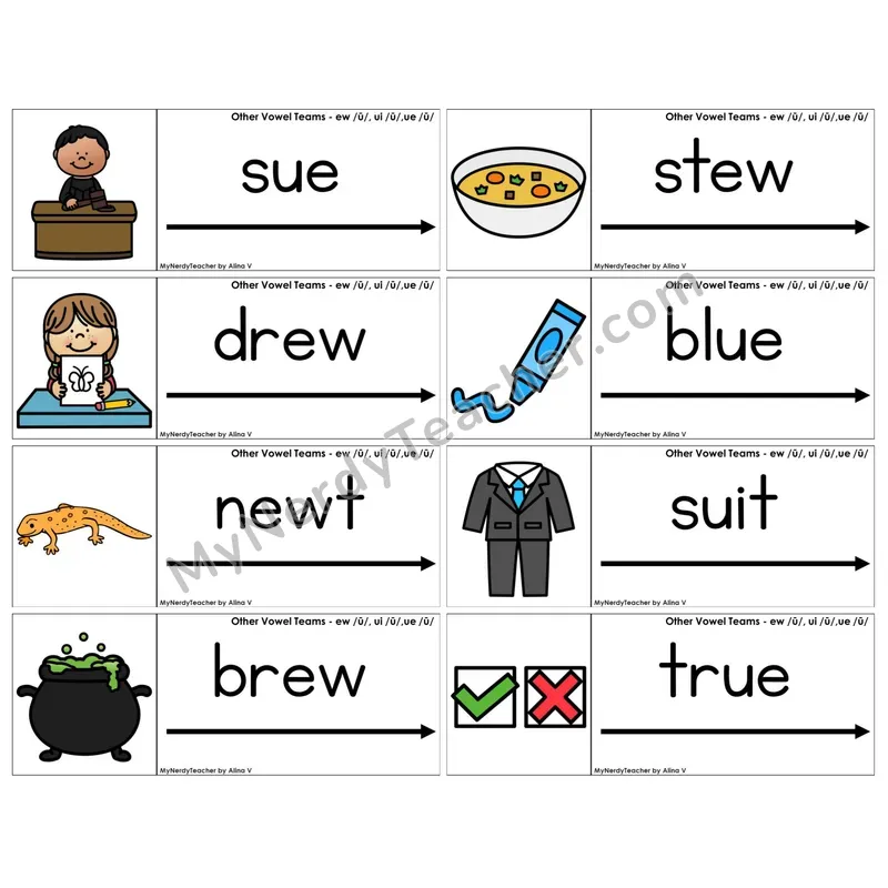 Vowel Teams ew, ui, ue /u/ (C14 — Blending Cards)