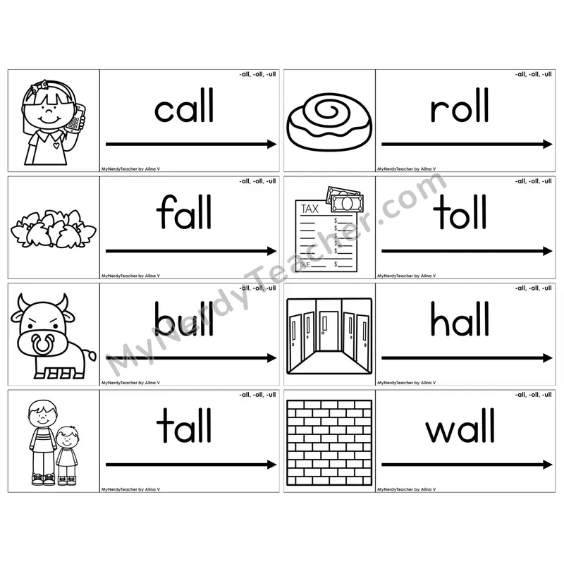 -all, -oll, -ull Word Families — BW (C14 — Blending Cards)