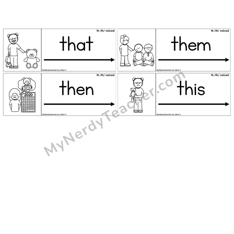 Digraphs th (Voiced & Unvoiced) — BW (C14 — Blending Cards)