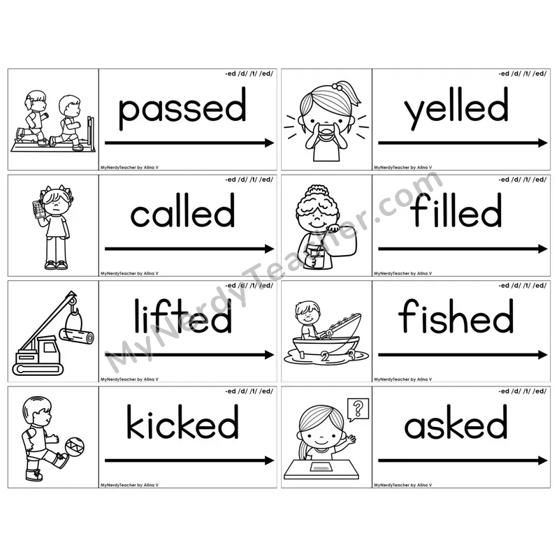 Inflectional Ending -ed (/d/, /t/, /ed/) — BW (C14 — Blending Cards)