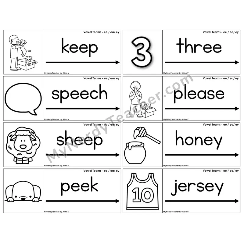 Vowel Teams ee, ea, ey /e/ — BW (C14 — Blending Cards)