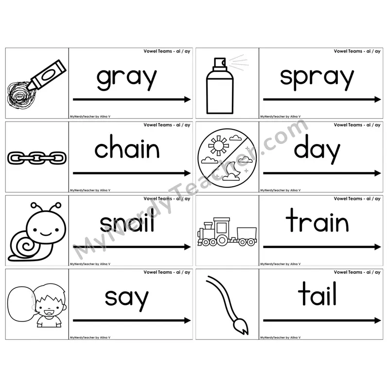 Vowel Teams ai, ay /a/ — BW (C14 — Blending Cards)