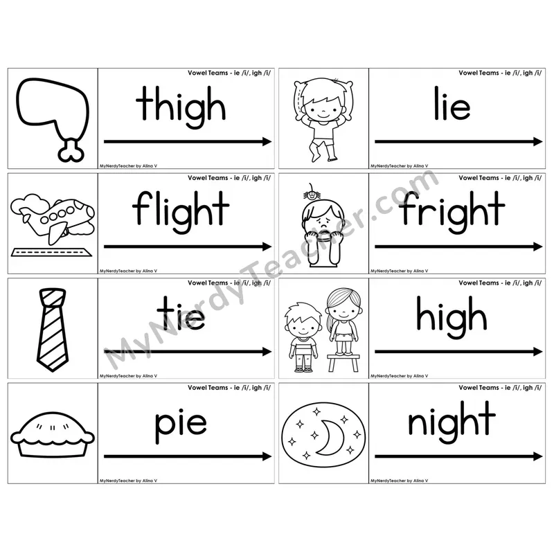 Vowel Teams ie, igh /i/ — BW (C14 — Blending Cards)