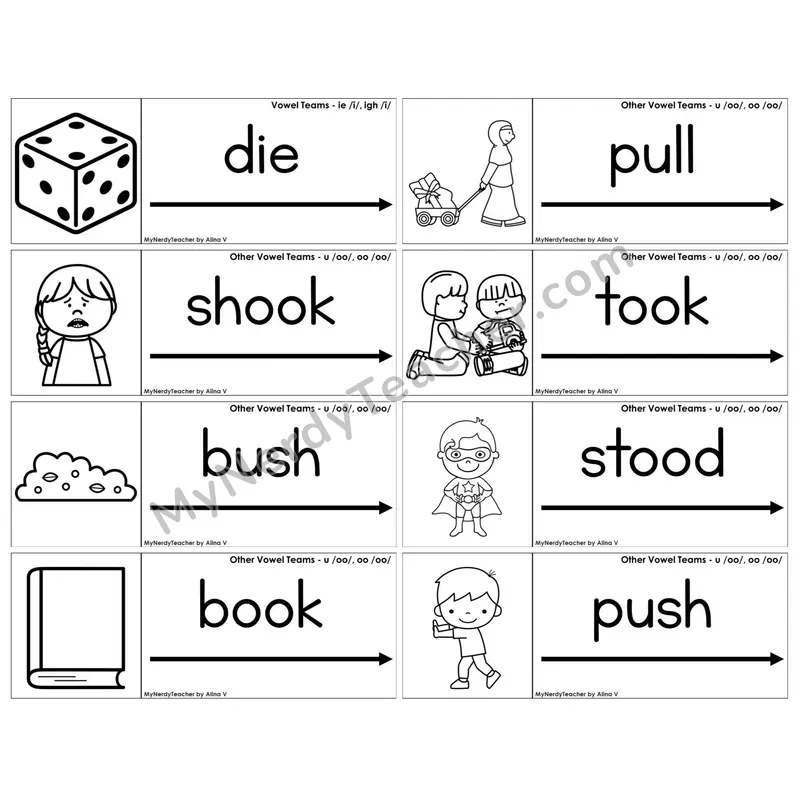 Vowel Teams oo, u /oo/ (book) — BW (C14 — Blending Cards)