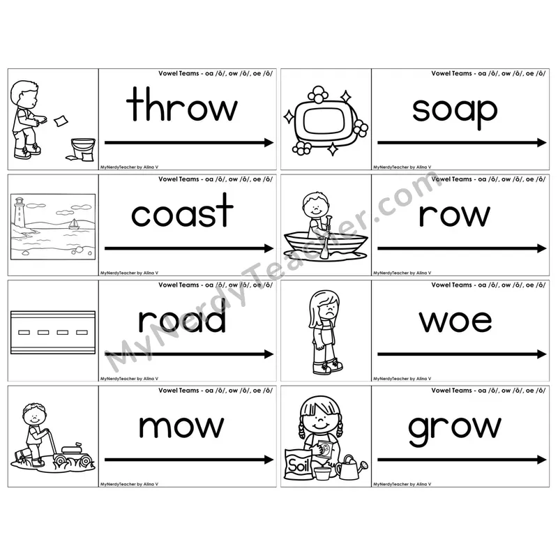 Vowel Teams oa, ow, oe /o/ — BW (C14 — Blending Cards)